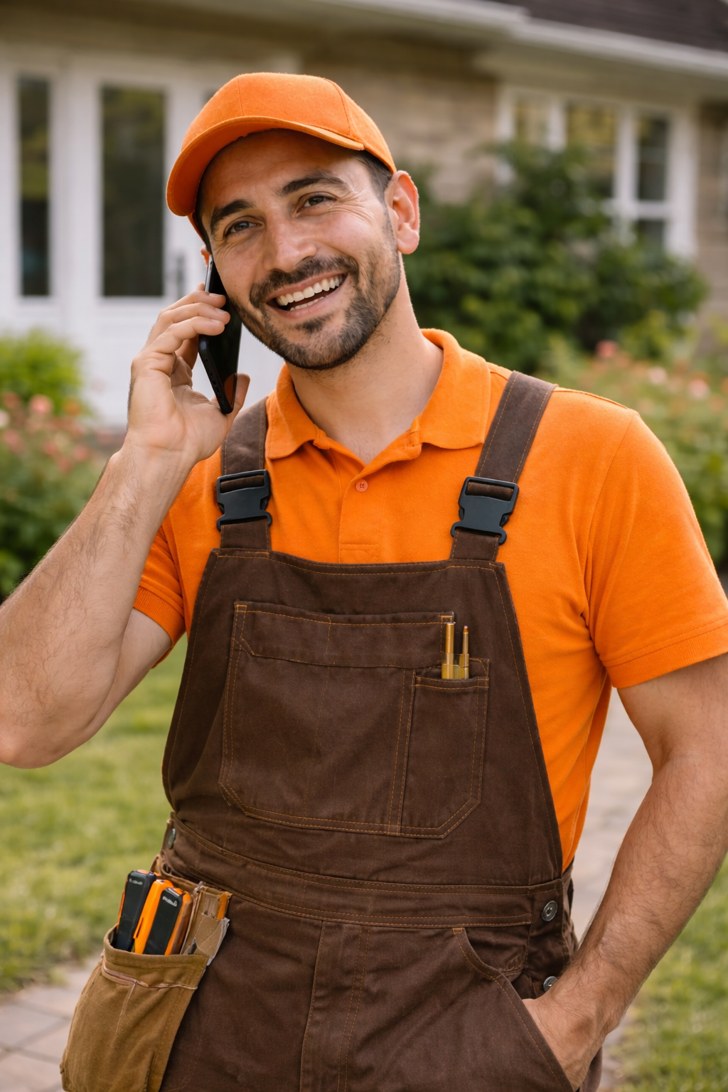 GoHandy technician smiling while talking on a mobile phone, wearing an orange uniform and standing outside a residential property.