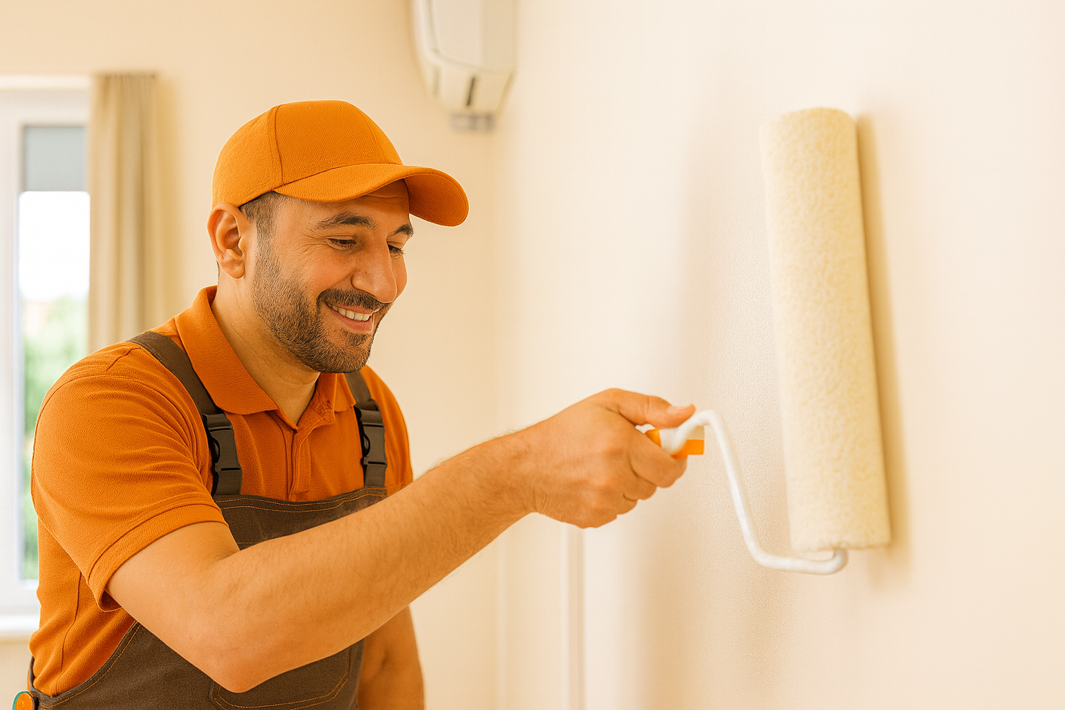 Wall Repairs & Painting - GoHandy handyman smiling softly while rolling fresh paint onto an interior wall inside a modern Auckland home, wearing orange uniform and toolbelt