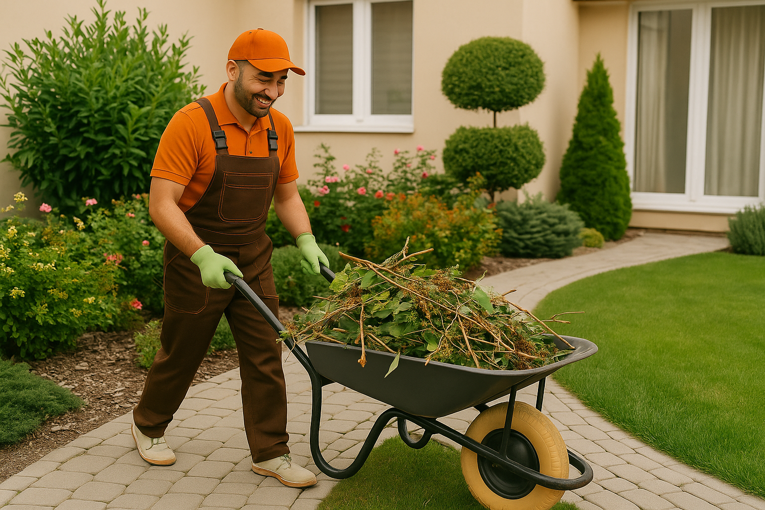 Garden Clean-ups & Waste Removal - GoHandy handyman in orange uniform collecting garden waste with a wheelbarrow in a tidy home garden