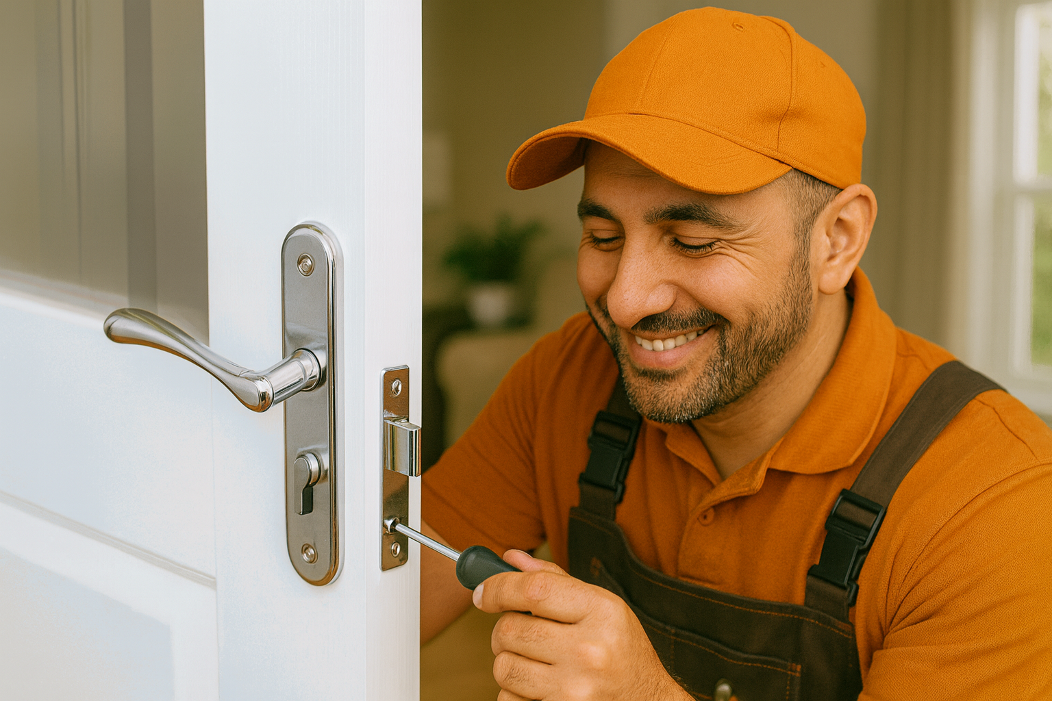Home Repairs & Fixes - GoHandy handyman repairing a chrome door handle with a screwdriver while smiling softly and focusing on the task, wearing orange uniform and toolbelt inside a modern Auckland home