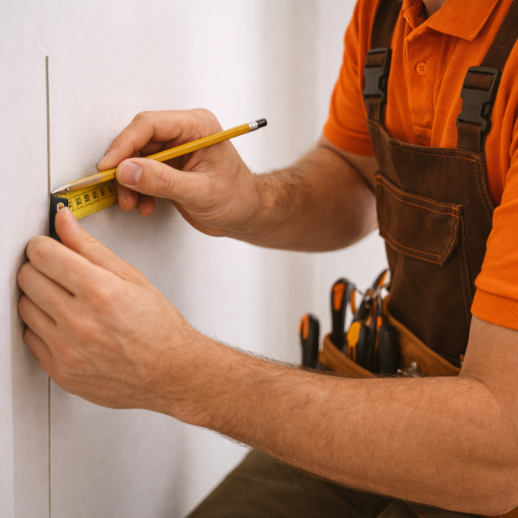 GoHandy handyman in branded uniform using measuring tape and pencil to take correct measures while doing a repair job
