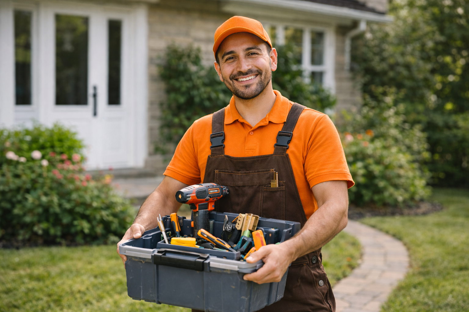 GoHandy technician carrying a toolbox outside a residential property, wearing an orange uniform and brown overalls