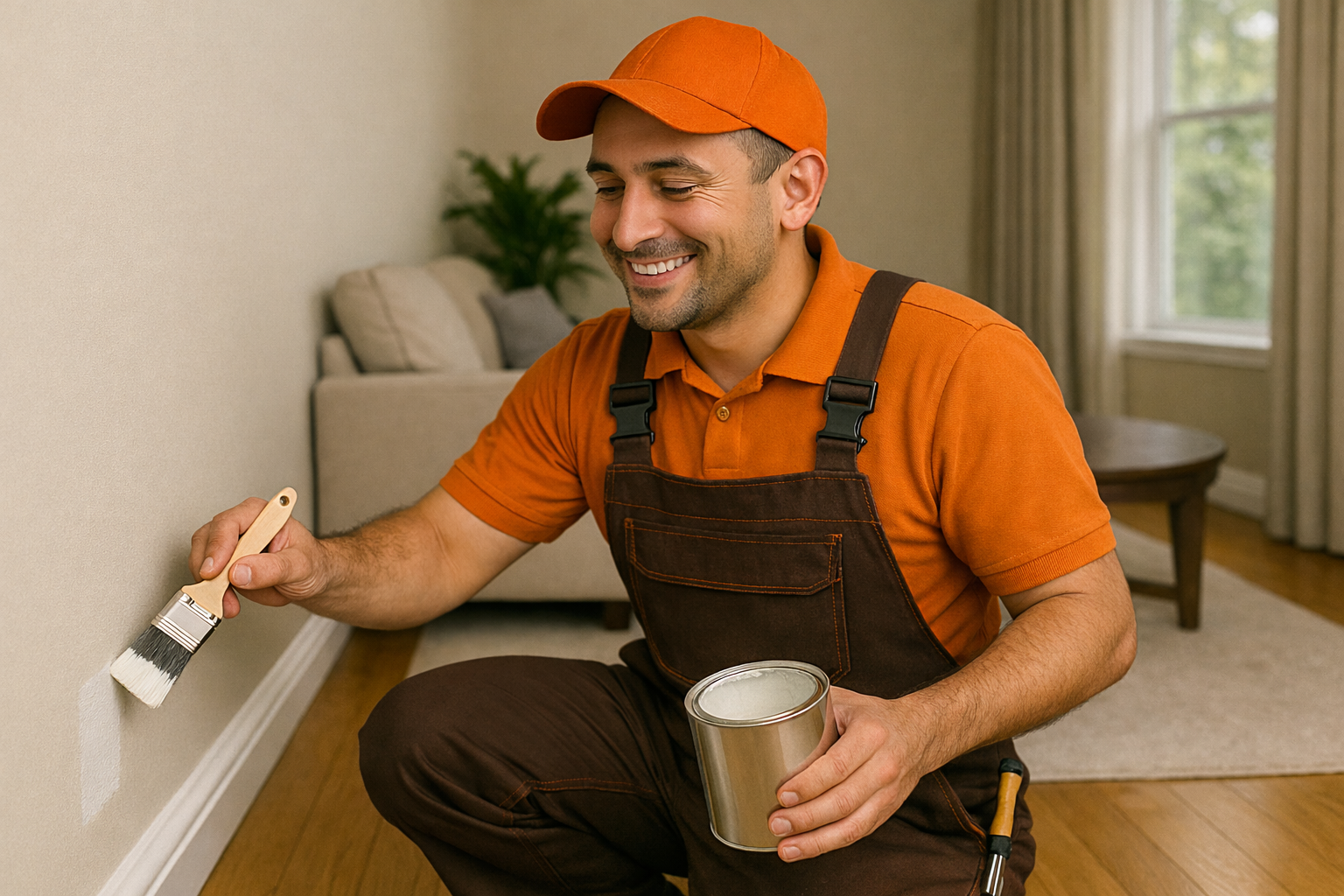 Pre-Sale, Inspection & Rental Tidy-Ups - GoHandy handyman in orange uniform performing a paint touch-up on an interior wall as part of pre-sale and inspection tidy-up services