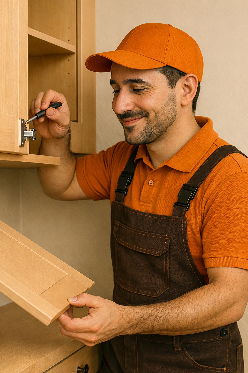 Handyman Services - GoHandy handyman in orange uniform making a home repair with a focused expression and light smile, not looking at the camera