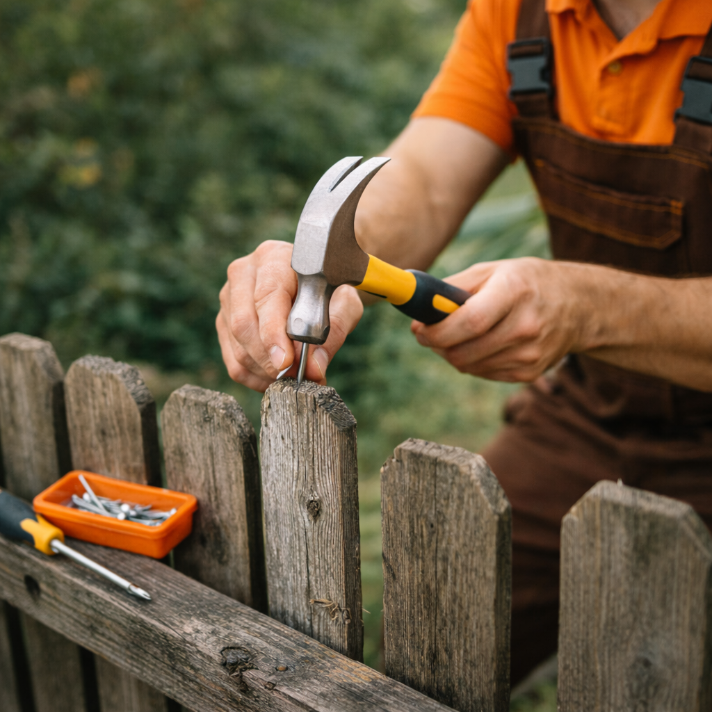 Close-up of a GoHandy technician repairing a wooden fence outdoors, securing a loose fence post by hand while wearing an orange uniform.