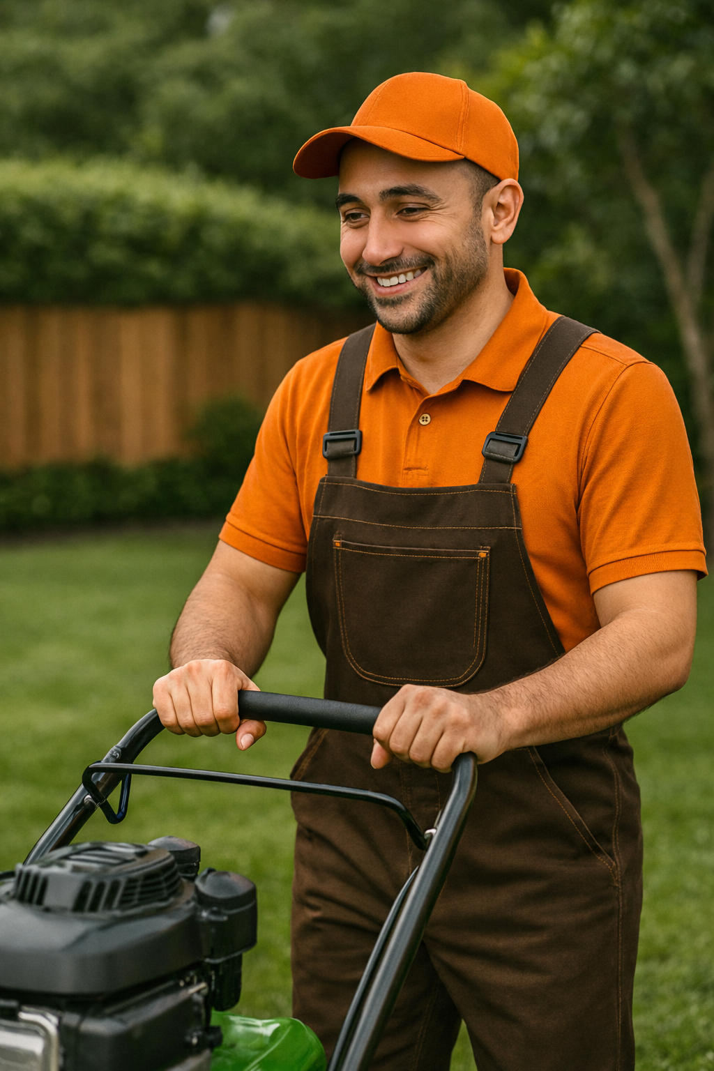 Lawncare Services - GoHandy handyman in orange uniform trimming garden bushes with a light smile, outdoors in a home garden, not looking at the camera