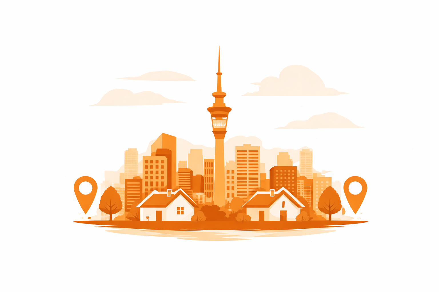 Minimal illustration of Auckland city skyline featuring the Sky Tower, used to represent GoHandy’s service coverage across Auckland