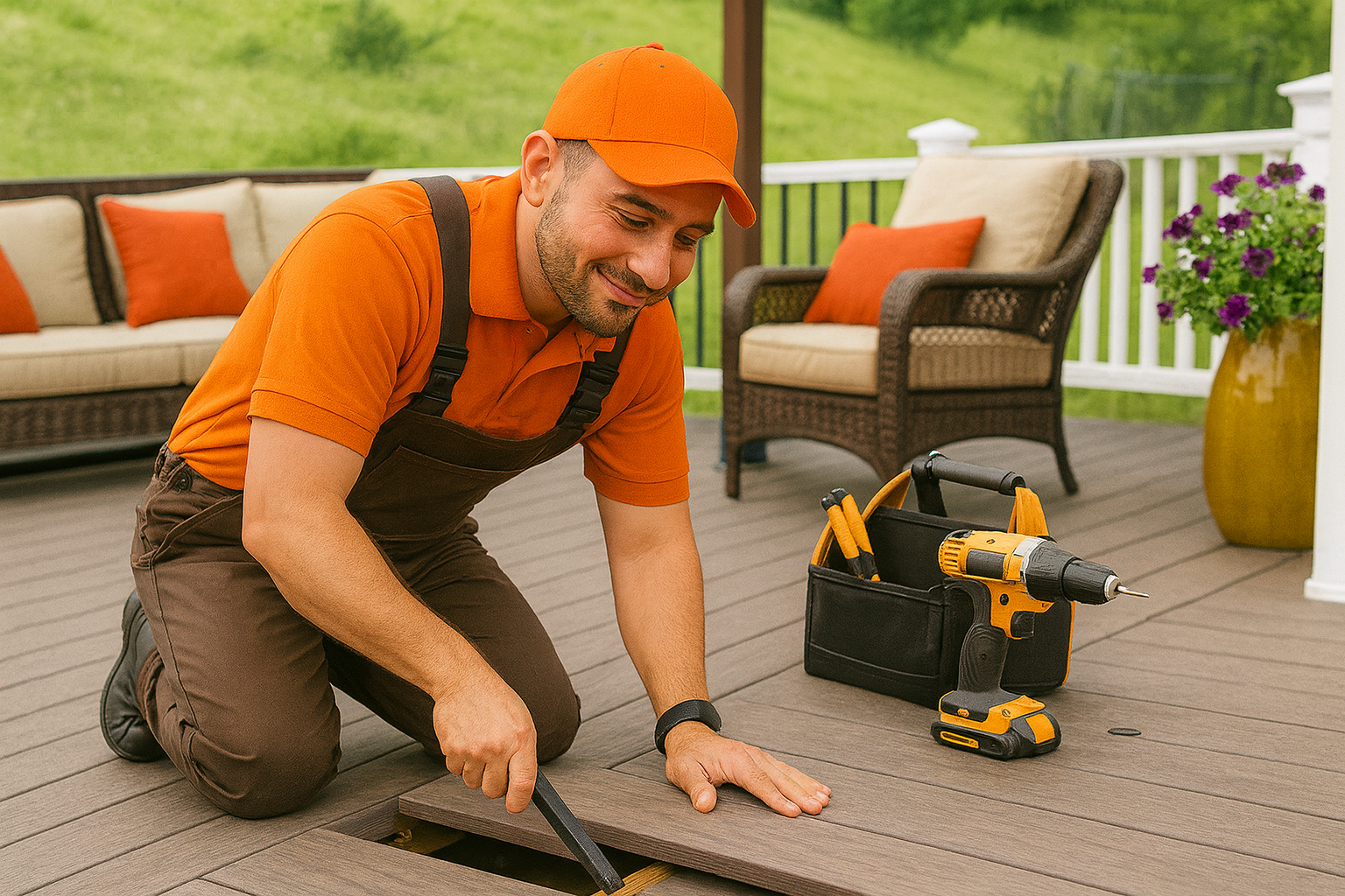 Outdoor Repairs & Maintenance - GoHandy handyman with familiar orange uniform and friendly smile repairing an outdoor deck using a pry bar, with a toolbox and drill beside him