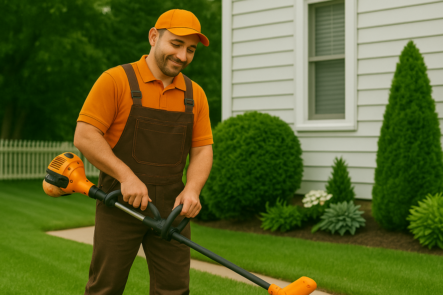 Lawn Mowing & Edging - GoHandy handyman mowing a residential lawn using a push mower, wearing the standard orange uniform and smiling while working