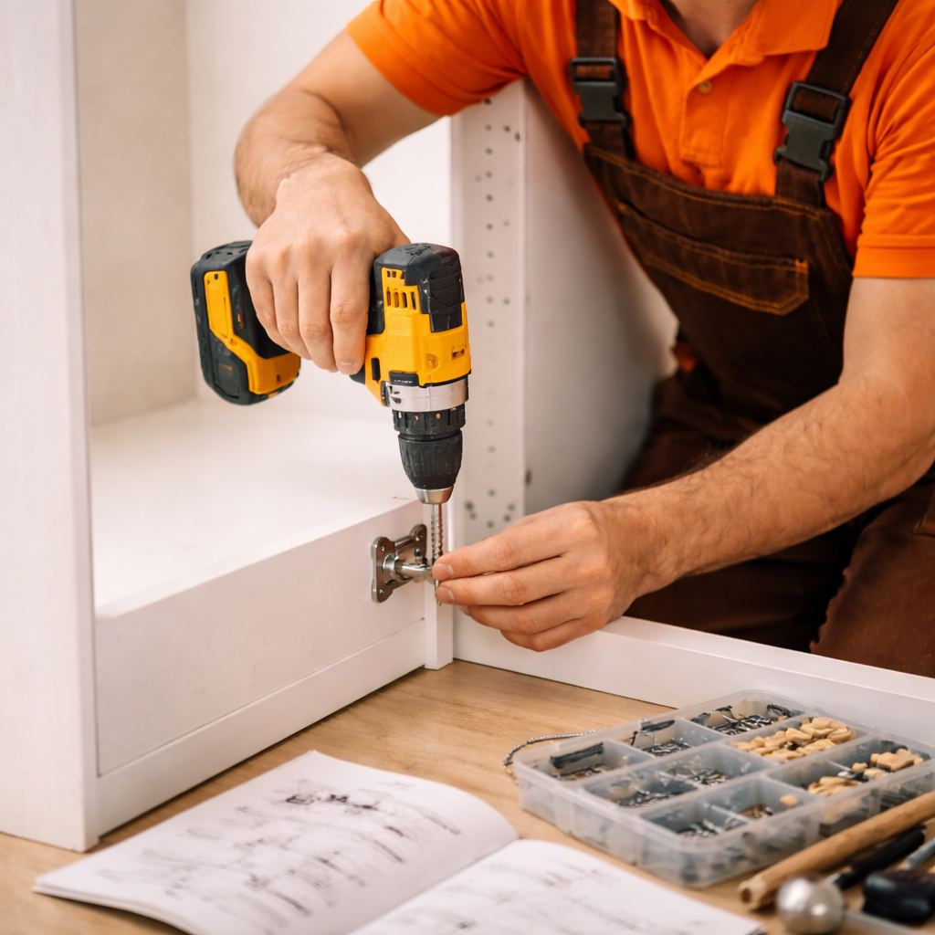 Close-up of a GoHandy technician assembling flat-pack furniture, carefully installing a cabinet hinge using hand tools while wearing an orange uniform