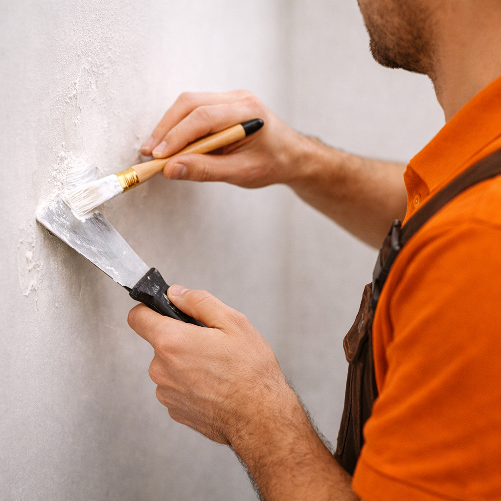 GoHandy technician repairing a wall, applying filler and smoothing the surface with hand tools while wearing an orange uniform