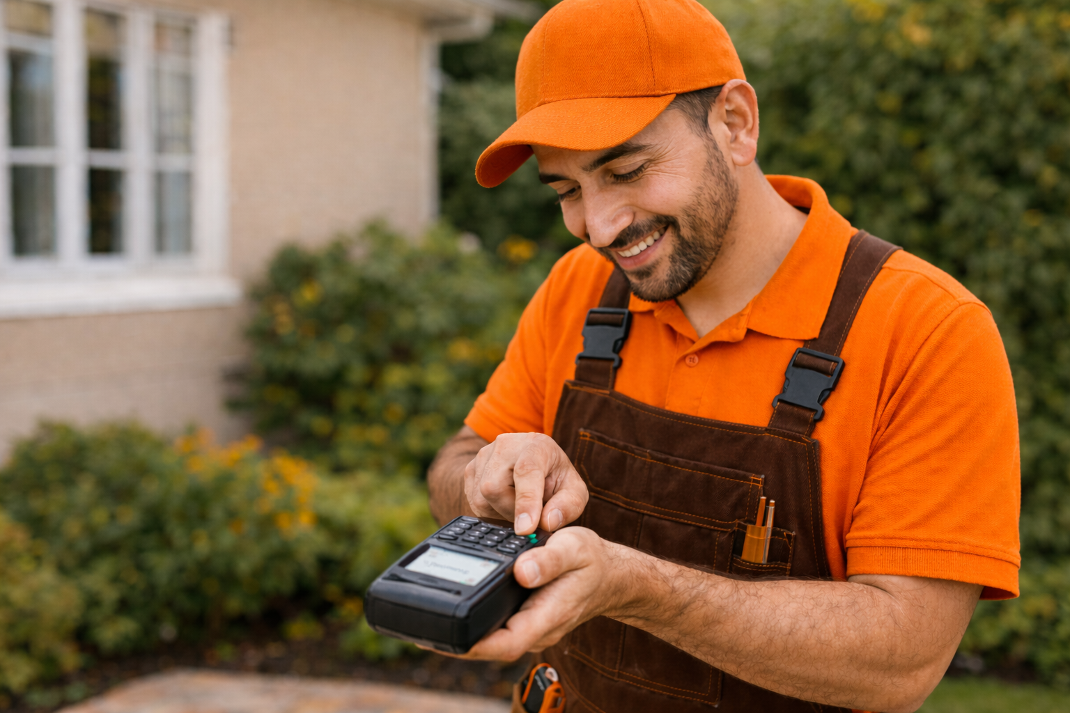 GoHandy technician smiling while entering a payment on a portable EFTPOS machine, wearing an orange uniform and brown overalls outside a residential property.