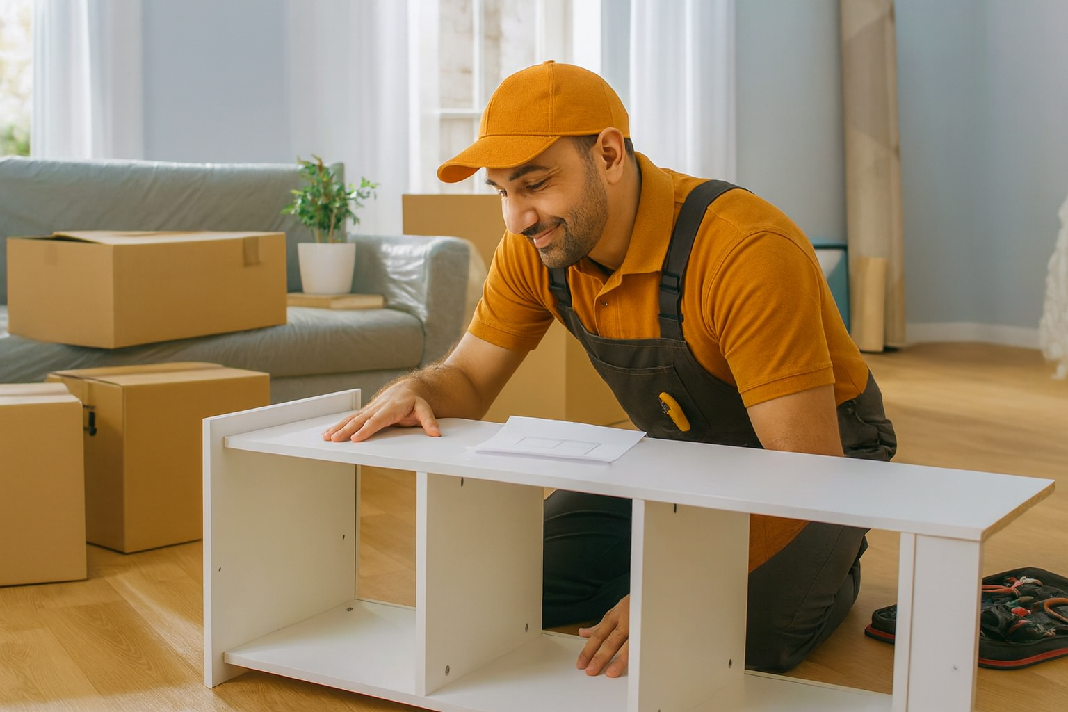 Furniture Assembly & Installations - GoHandy handyman assembling a white flat-pack cabinet while smiling softly and focusing on the task, wearing orange uniform and toolbelt inside a modern Auckland home
