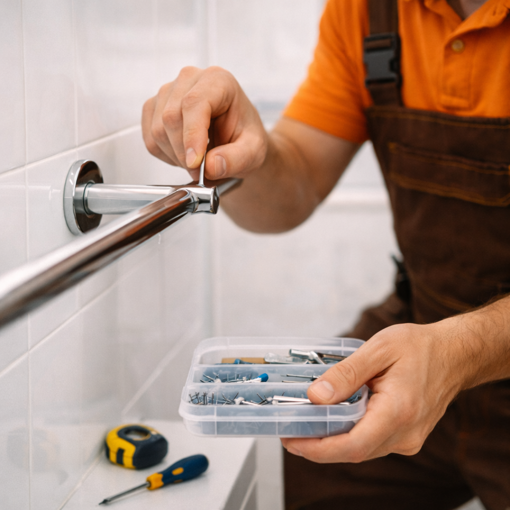 GoHandy technician installing a bathroom towel rail, tightening hardware by hand while wearing an orange uniform