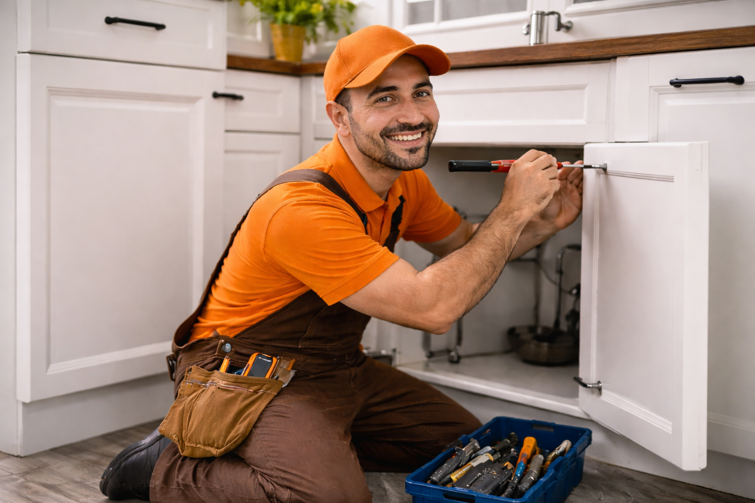 GoHandy technician installing a kitchen cabinet fitting, working carefully indoors while wearing an orange uniform