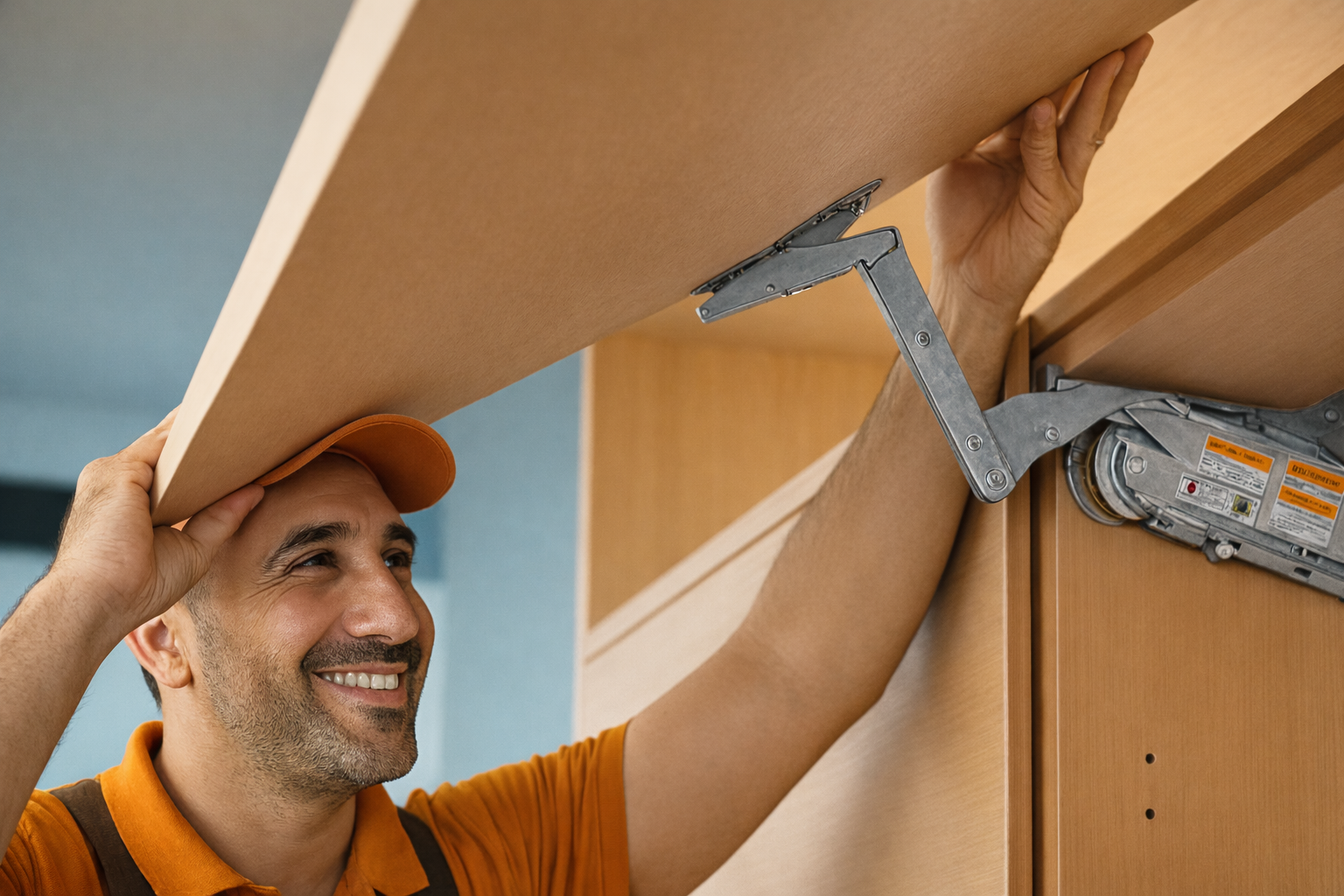 Fixture & Hardware Installations - GoHandy handyman smiling softly while installing an upper cabinet lift hinge inside a modern Auckland home, wearing orange uniform and toolbelt