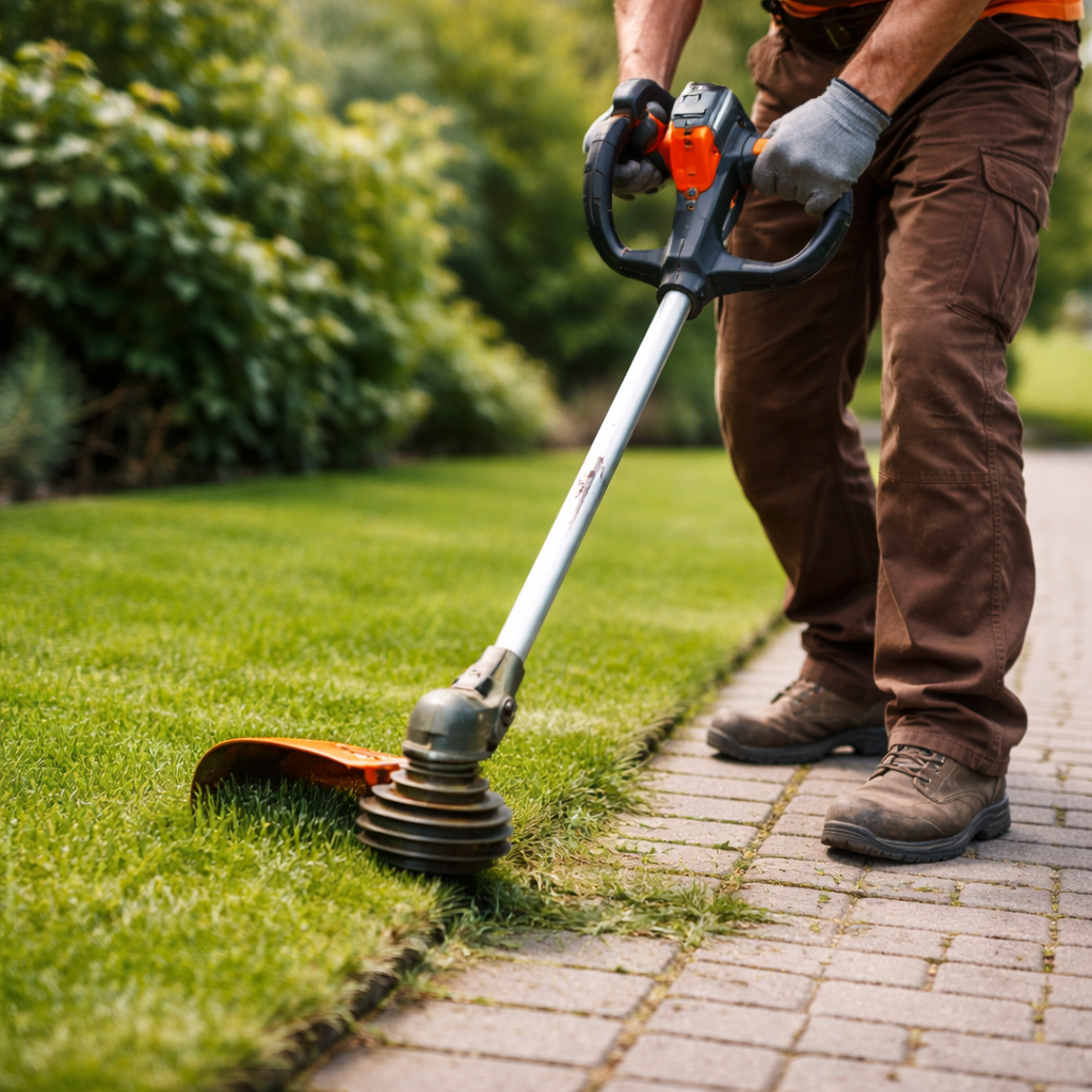 Close-up of a GoHandy technician edging a lawn along a paved path using a grass trimmer, creating clean lines while wearing an orange uniform