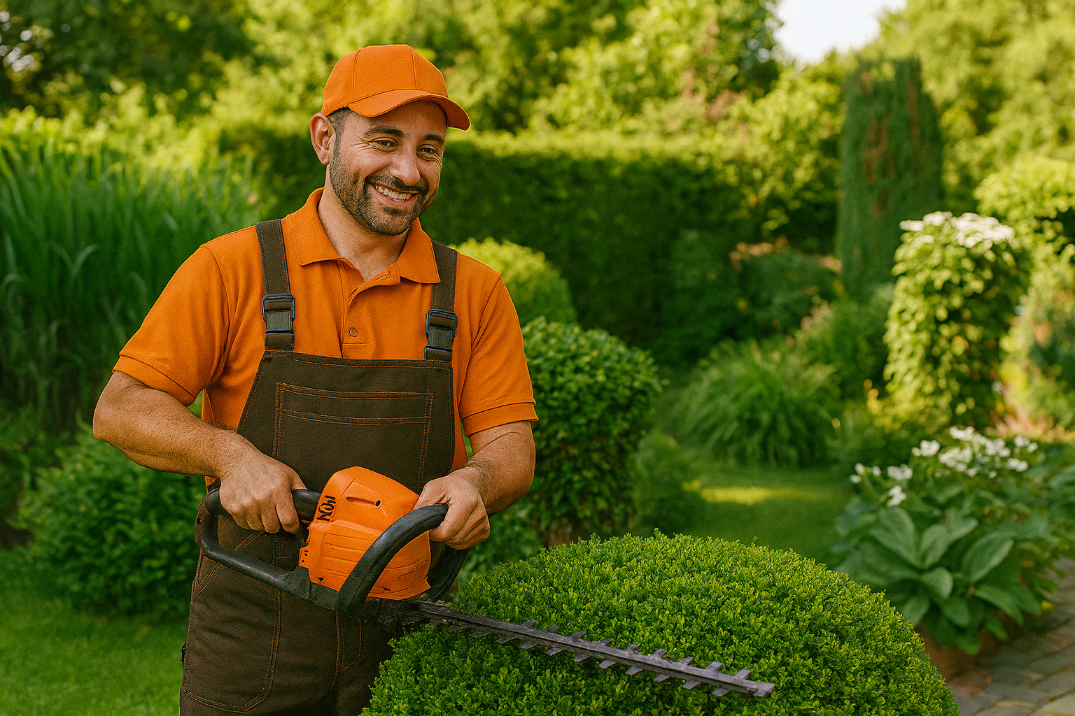 Hedge, Bush & Small Tree Trimming - GoHandy handyman trimming a hedge with an orange hedge trimmer, wearing the standard orange cap, orange polo, and brown overalls, working in a well-maintained garden