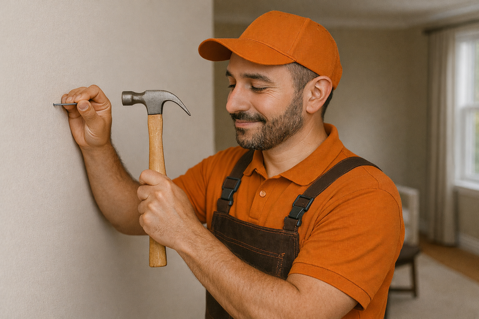 Who We Are - GoHandy handyman using a hammer and nails for indoor property repair, wearing orange uniform and cap, focused and smiling while working.