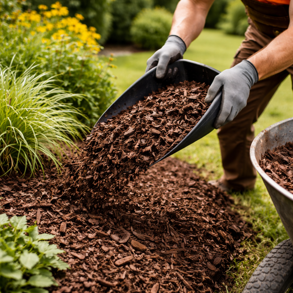 Close-up of a GoHandy technician spreading mulch evenly across a garden bed by hand while wearing an orange uniform
