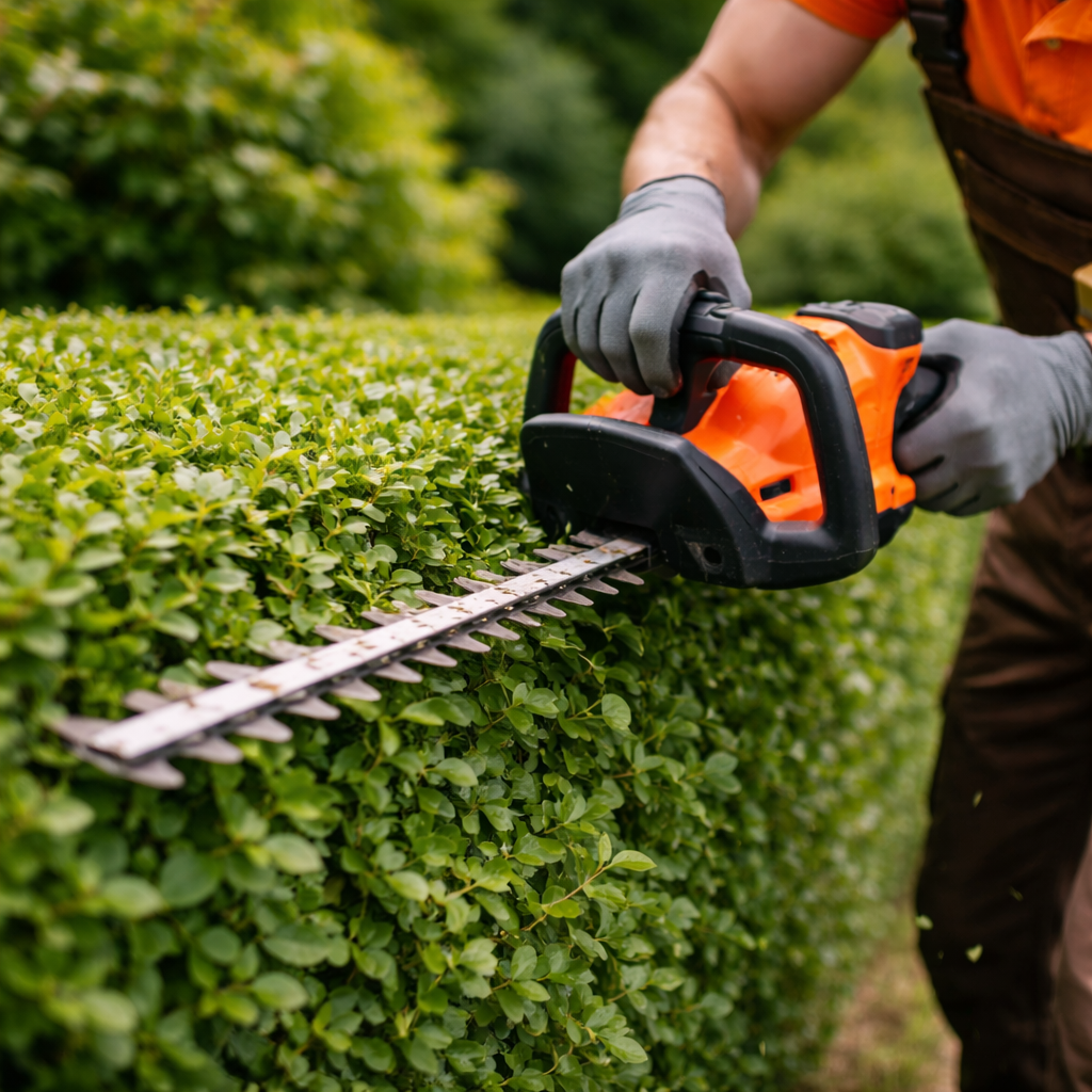 Close-up of a GoHandy technician trimming a hedge with electric hedge shears, shaping greenery neatly while wearing an orange uniform