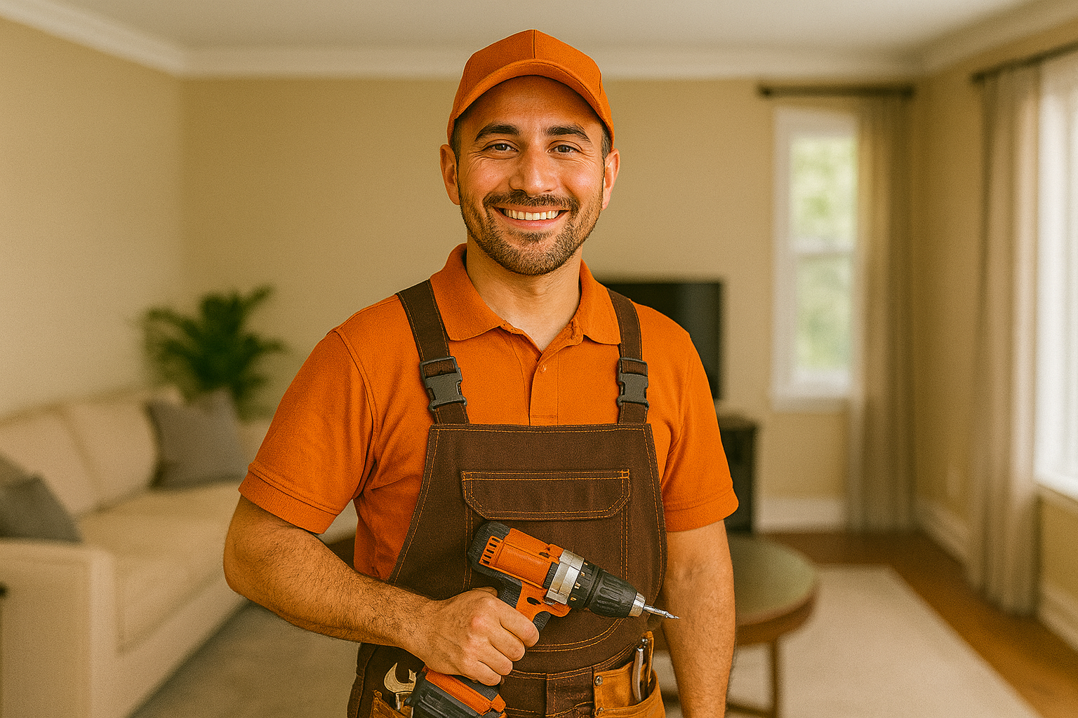Handyman & Lawncare Services - GoHandy handyman smiling indoors while holding a drill with drill bit, wearing an orange uniform and toolbelt inside a modern Auckland property
