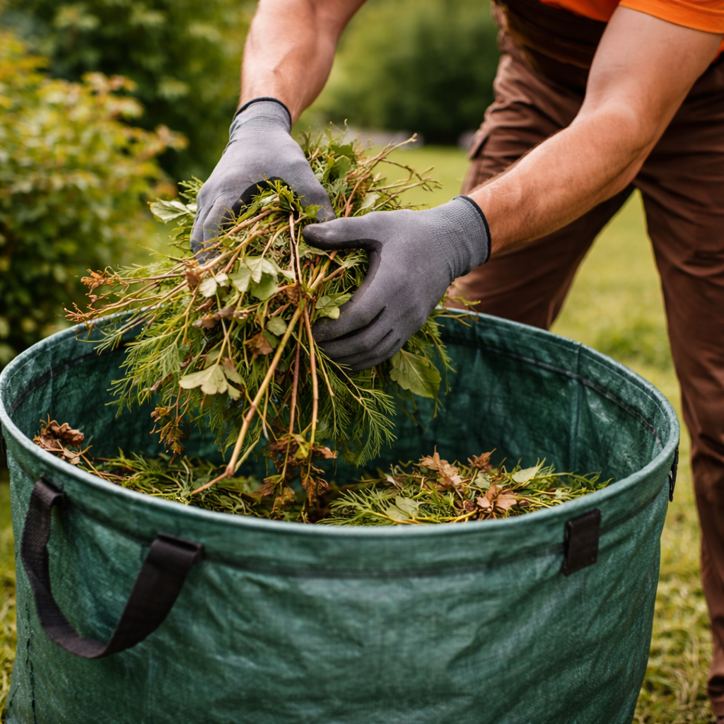Close-up of a GoHandy technician collecting garden waste by hand, clearing leaves and branches from an outdoor area while wearing an orange uniform