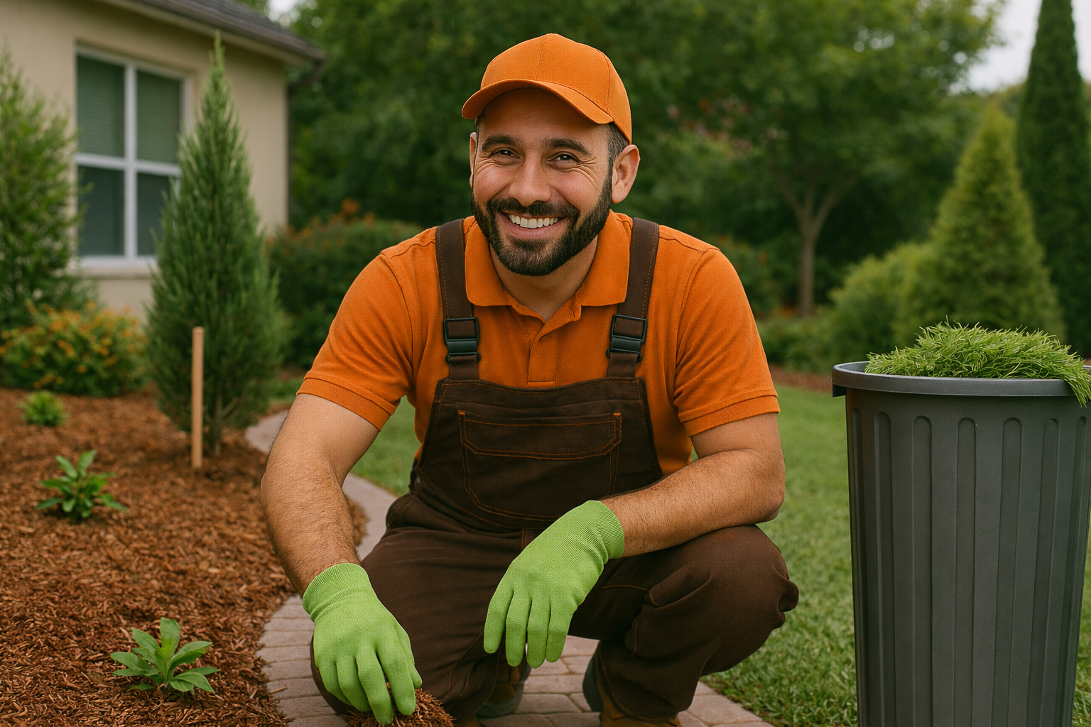 Soil, Mulch & Garden Care - A smiling GoHandy handyman with a neatly groomed beard, wearing an orange cap, orange shirt, and brown overalls, kneels in a well-kept home garden while spreading mulch by hand. A small bin filled with green trimmings sits beside him, and the background features neatly landscaped plants and a suburban house